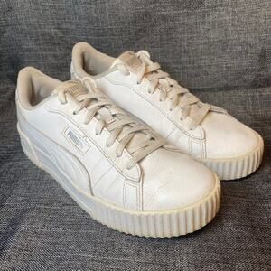 Puma Carina Triple White Low Top Trainers Casual Sneakers Shoes Womens 8.5